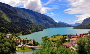 Top view of amazing Molveno lake in Trentino Alto, Northern Italy