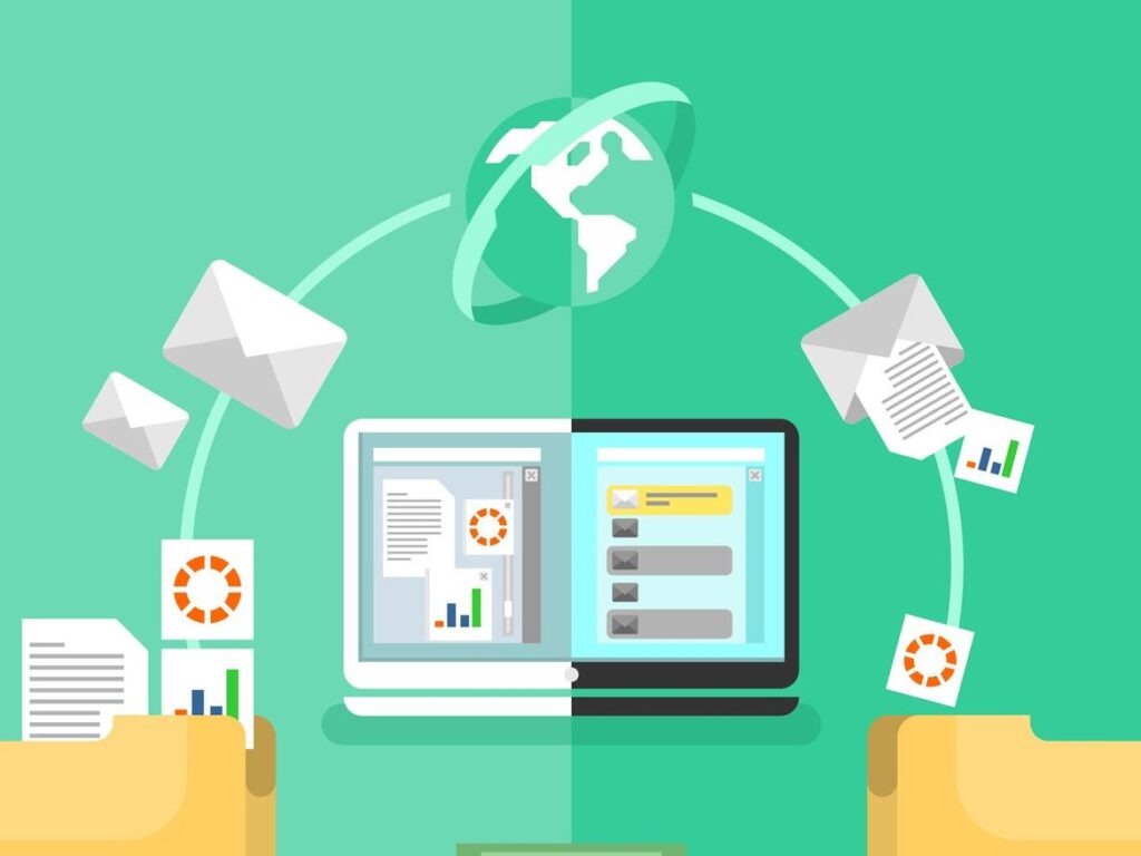 Electronic document management. Data digital file, system storage, computer archive, information database, order catalog, flat vector illustration