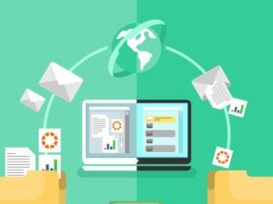 Electronic document management. Data digital file, system storage, computer archive, information database, order catalog, flat vector illustration