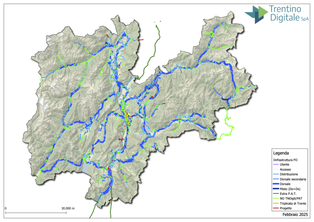 Infrastruttura in fibra ottica di Trentino Digitale - mappa